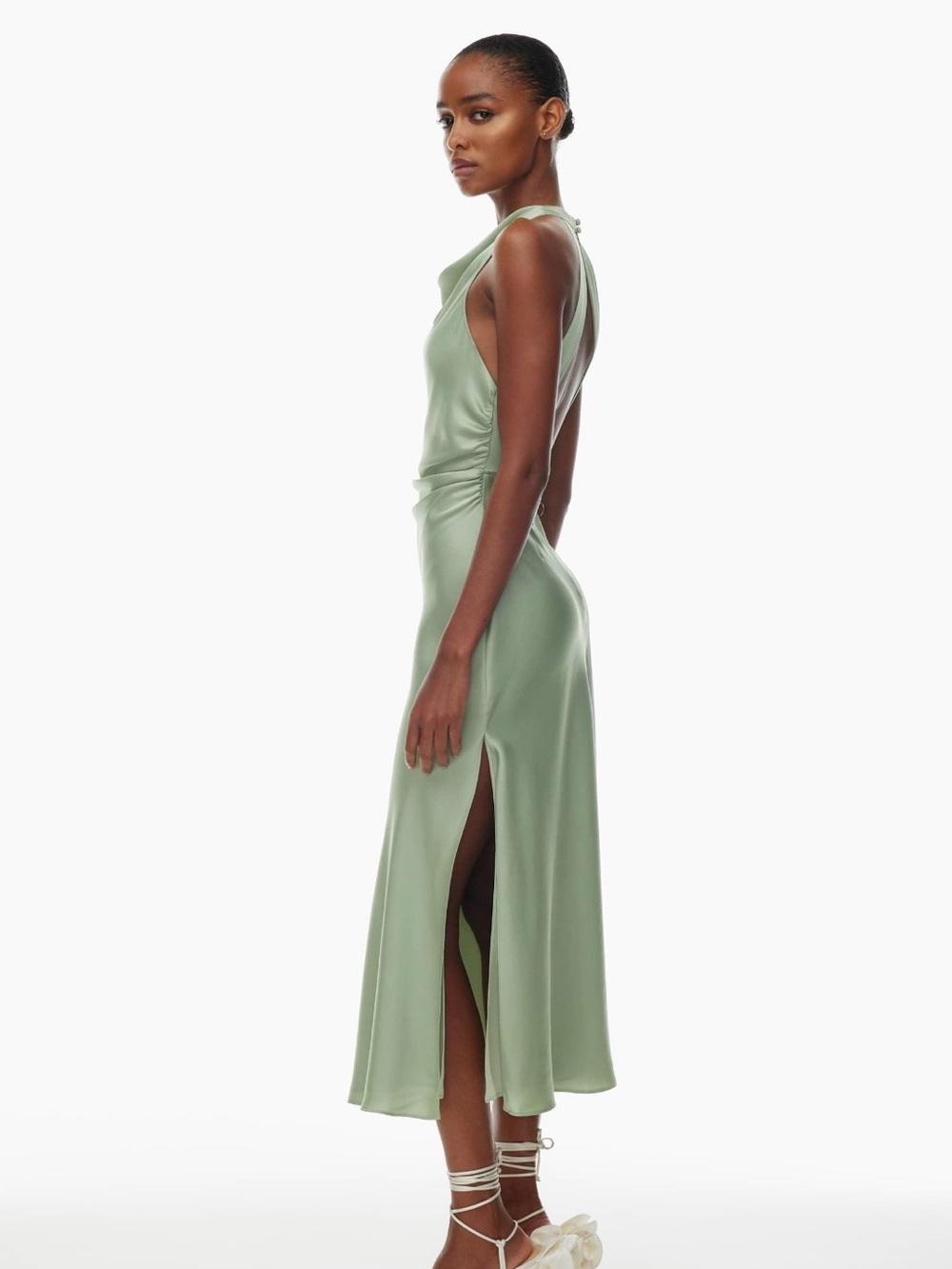 Satin Side-Slit Midi Dress in Sage Green
